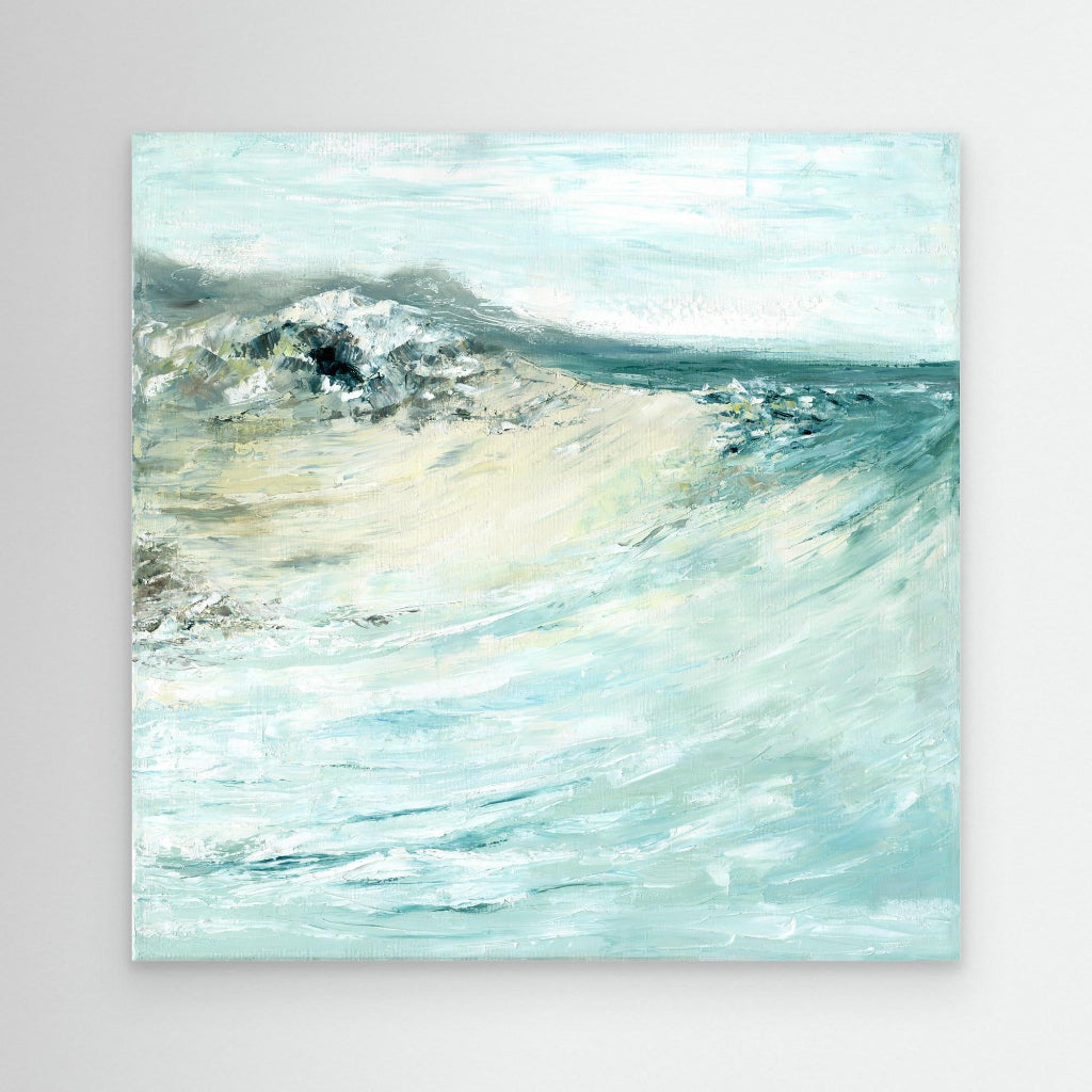 'Beyond The Shore' - Square format abstract seascape print in pale blues and sandy cream, coastal home decor.
