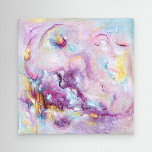 'Joy On Purpose' - Bright canvas artwork in vivid pink and soft blue — pink abstract wall art and colourful print designed to bring deliberate joy into any room, by Kate Shephard Art.