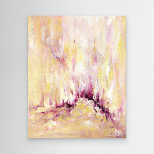 'Rising' - A large pink and yellow wall art canvas print with expressive vertical brushwork in warm oils — inspirational abstract art that brings hope, energy and soul to any room, by Kate Shephard Art.