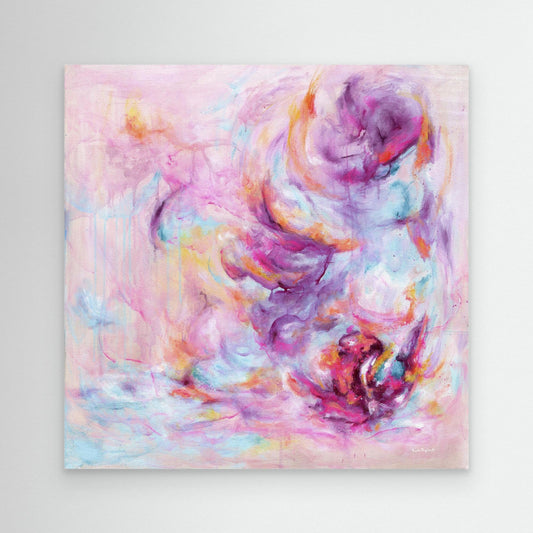 'Choose Joy' - A colourful abstract art pink canvas print with vibrant pink and soft blue tones — uplifting wall art from the Joy by Design collection, by Kate Shephard Art.