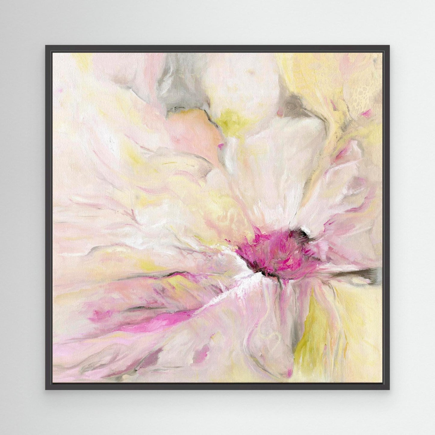 ‘Becoming’ – soft abstract floral art print in pink, green, and yellow tones.
