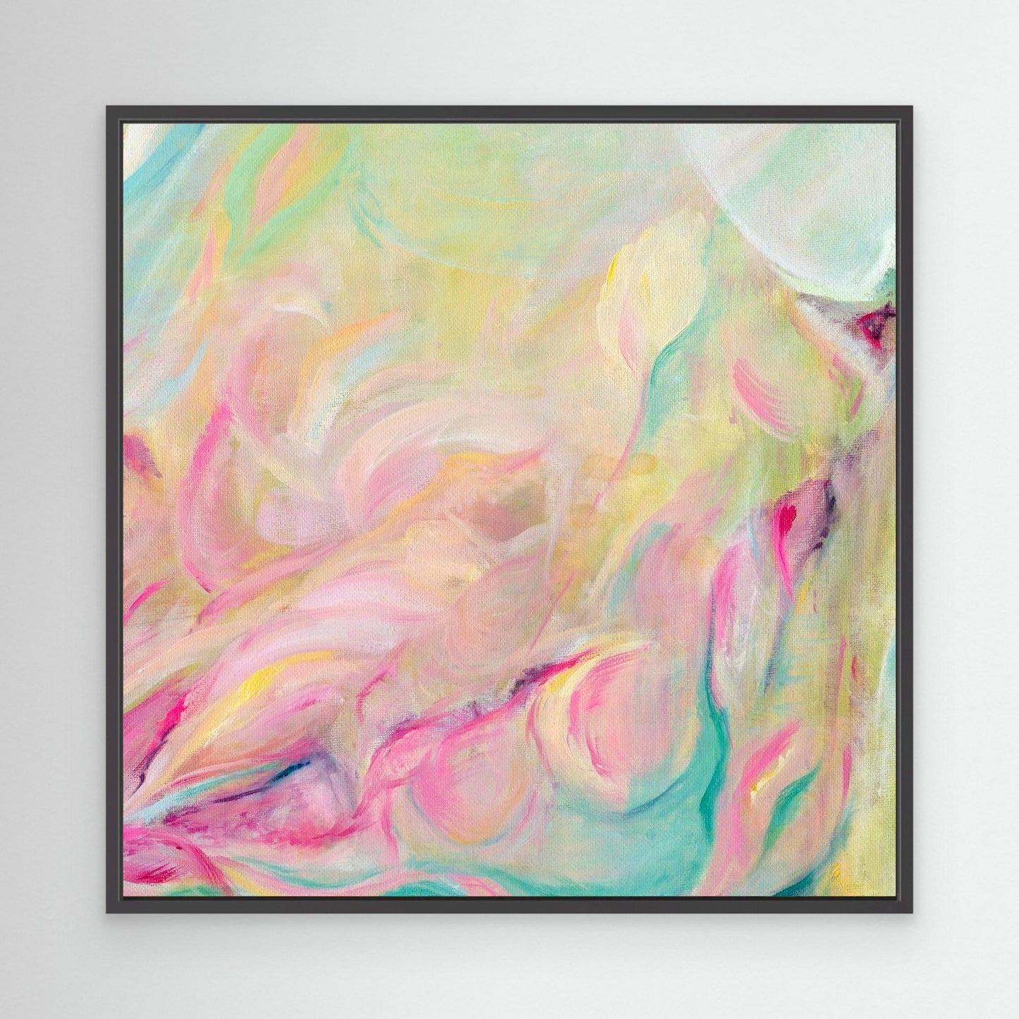 ‘Closer Than You Think’ – joyful abstract design with soft upward motion in pastel tones.