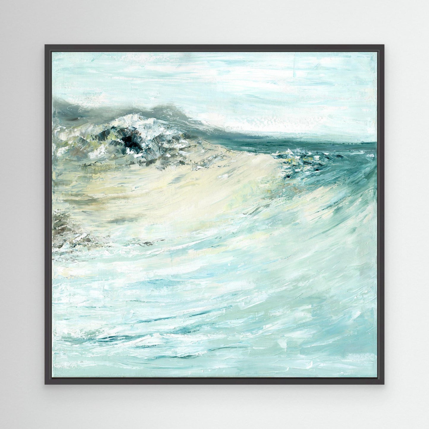'Beyond The Shore' - Coastal wave art in soft grey, teal and cream, framed abstract seascape canvas print.