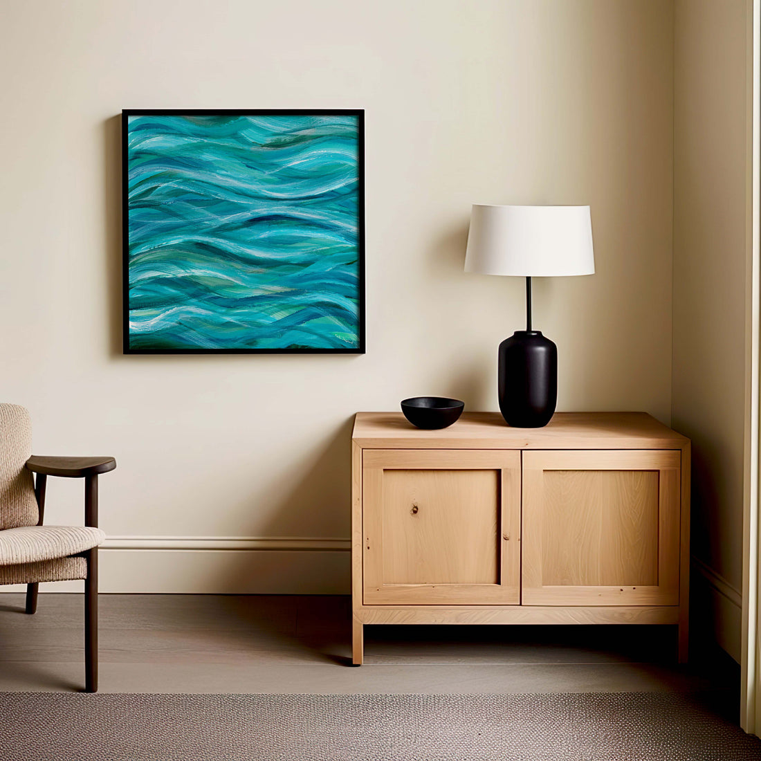 ‘The Sea Beneath Us is Deep’ blue ocean art wave painting – soulful ocean-inspired art print for modern decor.