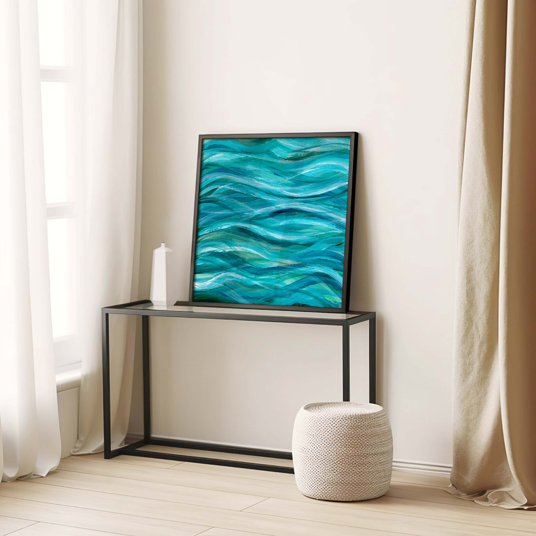 ‘The Sea Beneath Us Is Deep’ – Abstract Waves Print coastal art print in layered blue and teal tones.