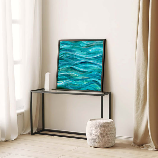 ‘The Sea Beneath Us Is Deep’ – Abstract Waves Print coastal art print in layered blue and teal tones.