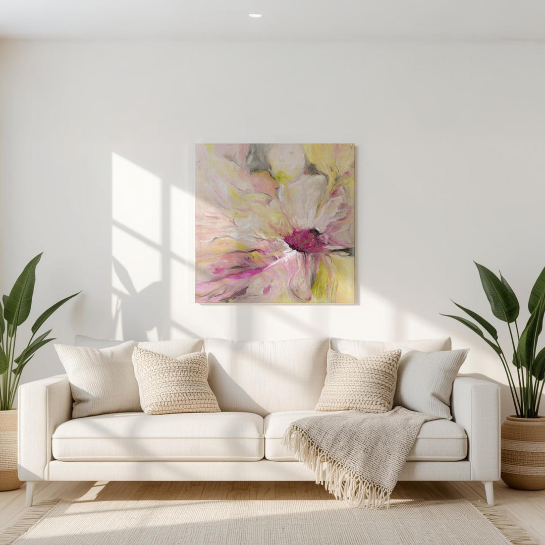‘Becoming’ – Contemporary pink and green large flower art abstract print with organic movement.