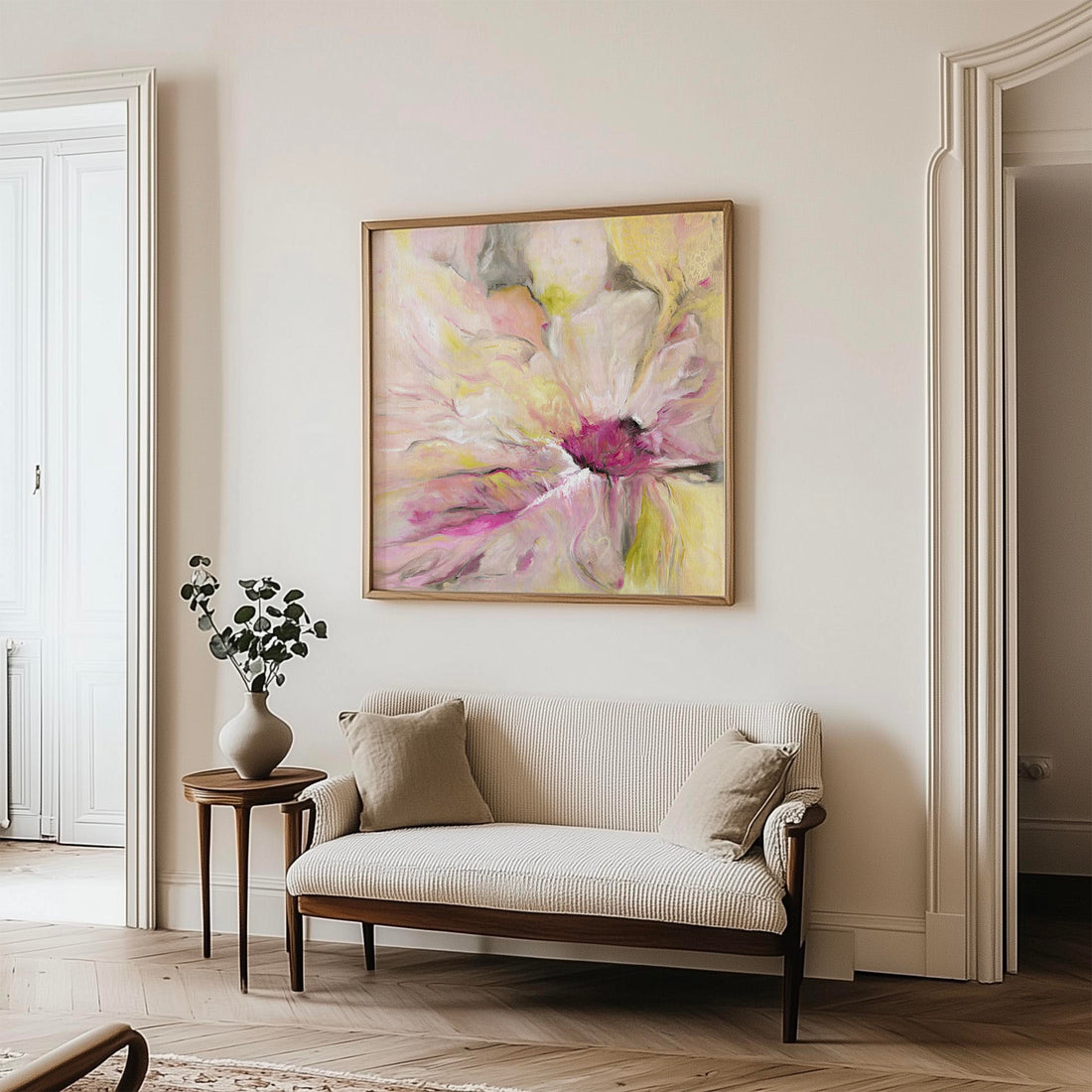 ‘Becoming’ – feminine contemporary Abstract Flower Canvas Wall Art full of softness and light.