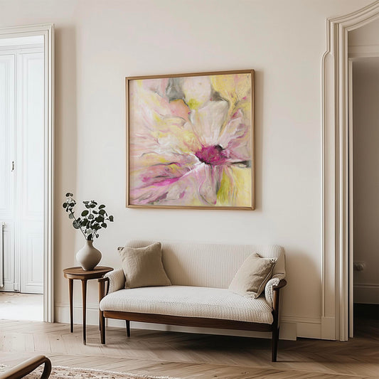 ‘Becoming’ – feminine contemporary Abstract Flower Canvas Wall Art full of softness and light.