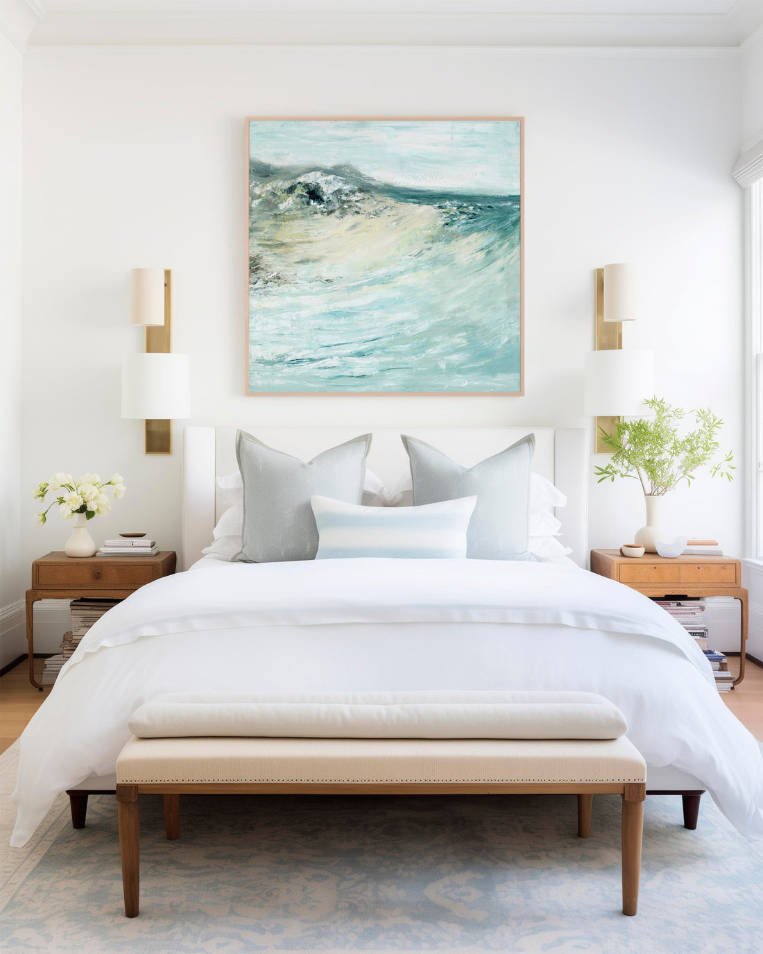 Bedroom artwork — soft abstract canvas print in muted blues and cream displayed above a bed, beautiful calming bedroom wall art by Kate Shephard Art.