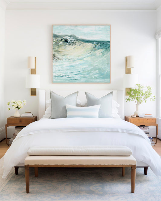 Bedroom artwork — soft abstract canvas print in muted blues and cream displayed above a bed, beautiful calming bedroom wall art by Kate Shephard Art.