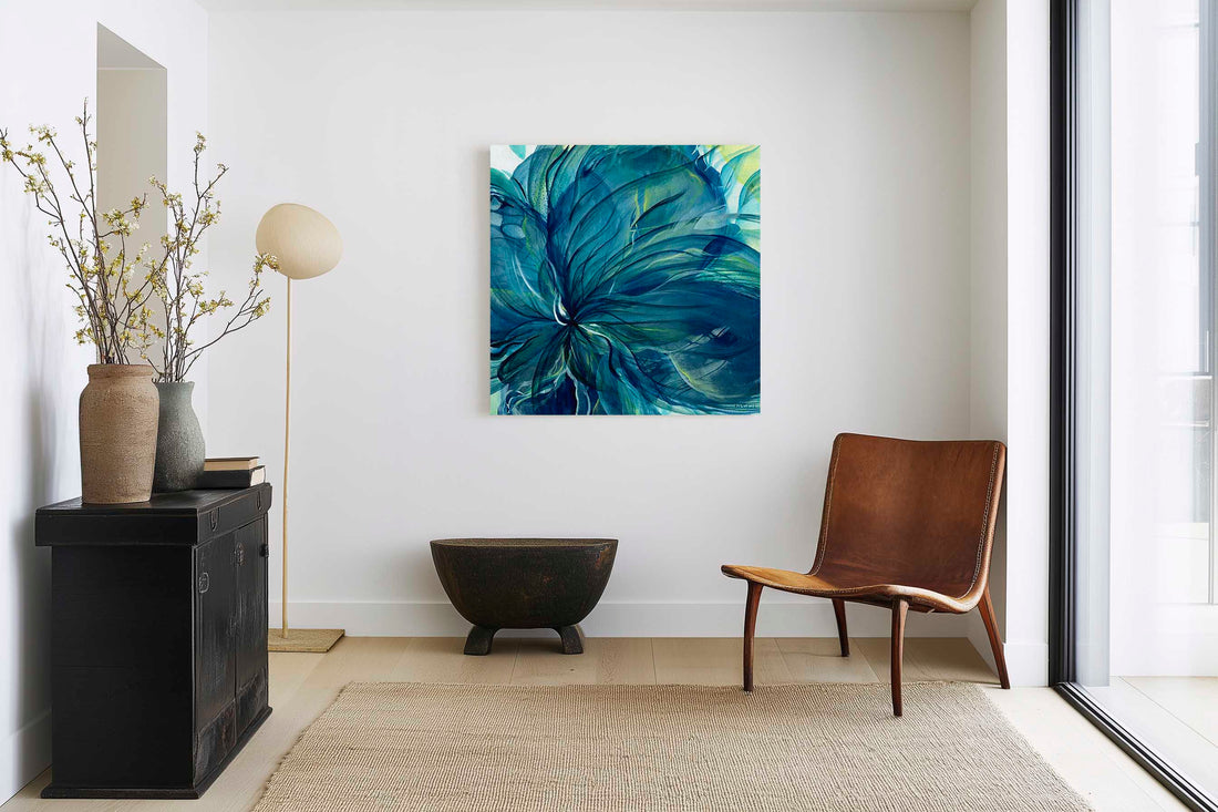 'Dancing in the Depths' - Abstract flower painting bringing depth and wonder to your home. Positive Art With Meaning for the darker seasons of life. 
