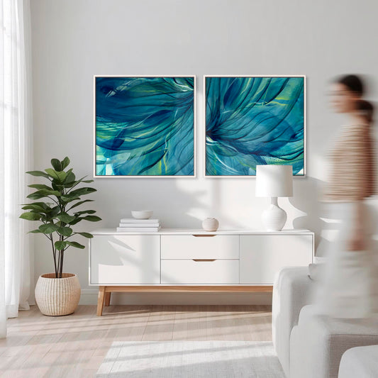 'Rising Through' Emotional Art Print Duo - Bold dark teal two-piece abstract canvas wall art set with sweeping movement and depth for living rooms.