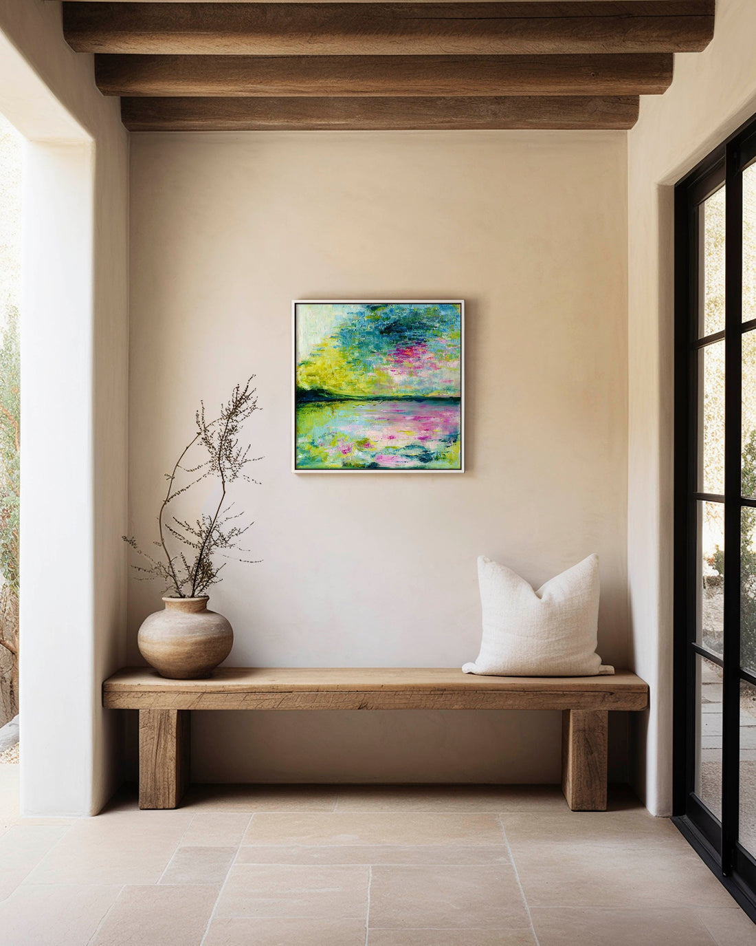 'Echoes in Still Water' soothing wall art painting - Original square peaceful art painting in white frame, peaceful wall art for the home.