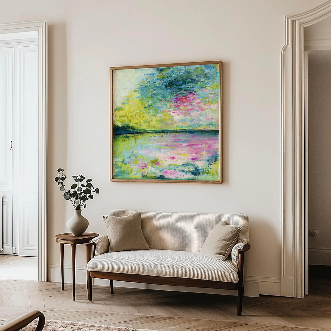 ‘Echoes in Still Water’ – calming abstract artwork for light, airy living spaces.