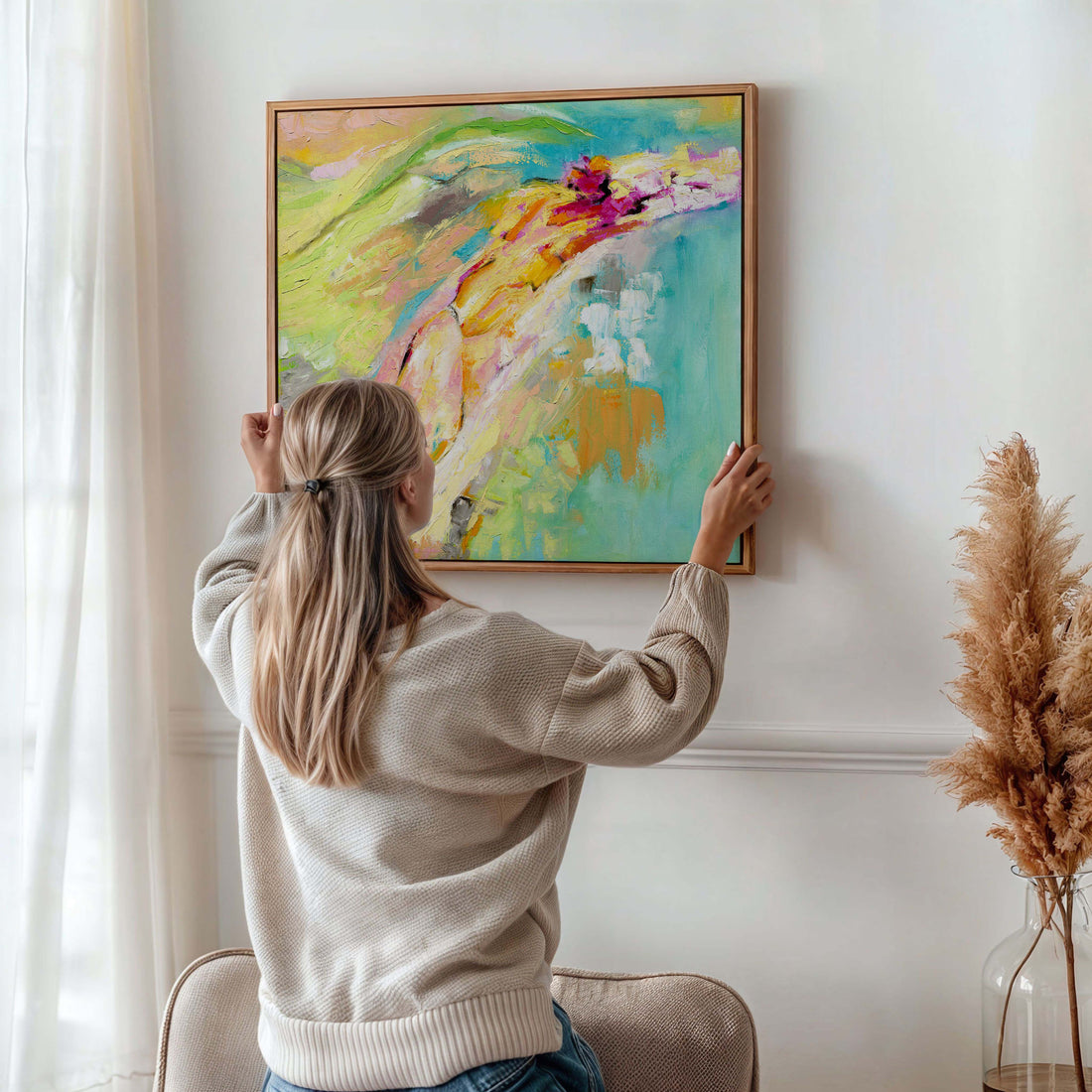 Summertime artwork canvas prints collection featuring my Endless Summer artwork— vibrant abstract summer wall art in turquoise, coral and warm yellow by Kate Shephard Art, perfect for sun filled interiors.