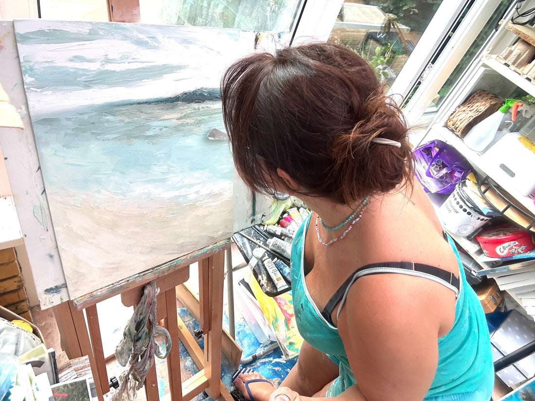 Kate Shephard, Dorset Christian Artist, painting in the studio. Image for blog post : From Realism To Abstraction - Why I've Started To Paint Abstractly & Why Abstract Artists Follow Feeling Over Form