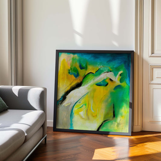 ‘Leap of Faith’ – soothing yet powerful Abstract Art Green Canvas Print for mindful homes.