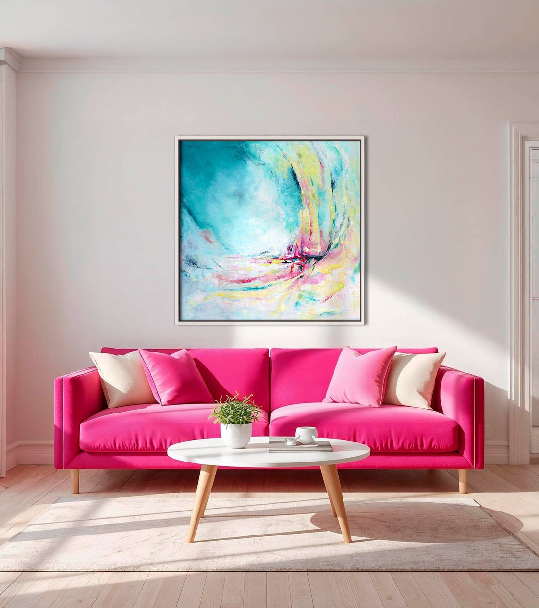 'Caribbean Blue' - Square format summer artwork abstract canvas print in vibrant turquoise, pink and lime green tones.