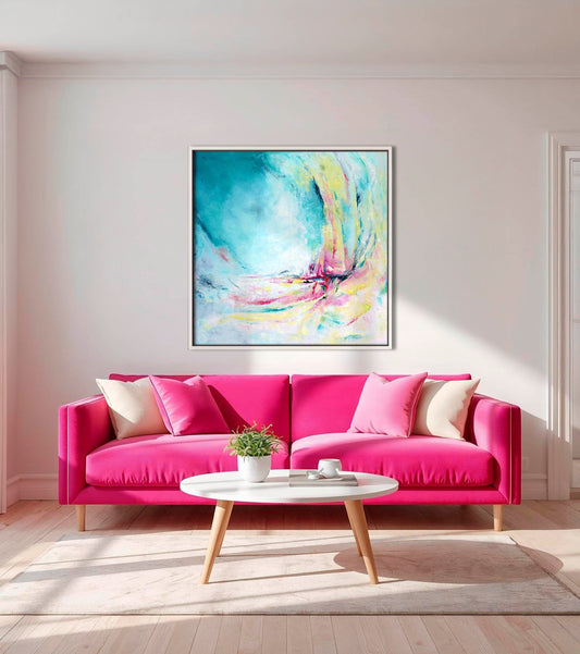 'Caribbean Blue' - Square format summer artwork abstract canvas print in vibrant turquoise, pink and lime green tones.