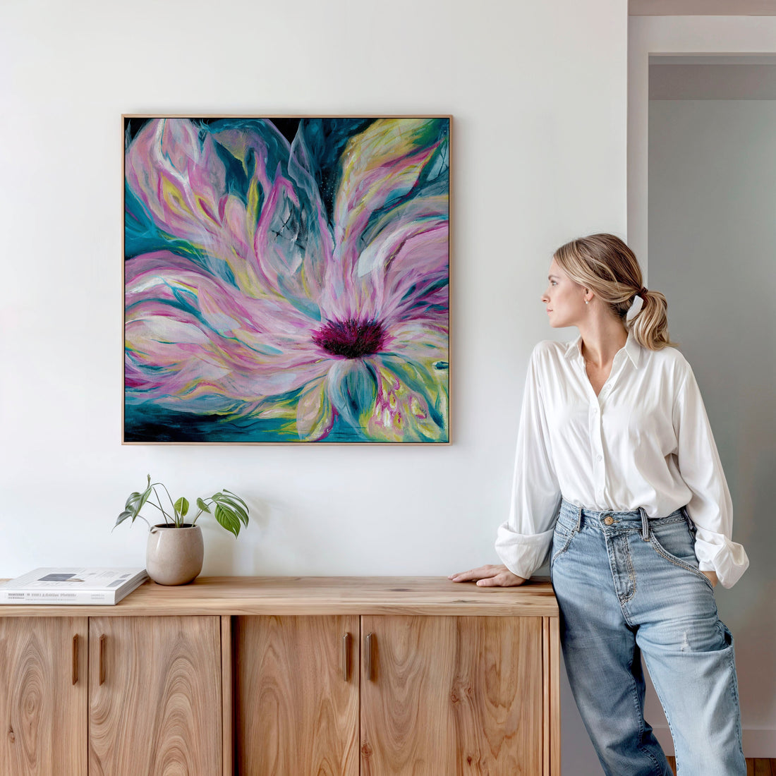 'Untamed' expressive art with meaning - bold yet calming abstract florals combining turmoil and peace in teal pink tones for living rooms.
