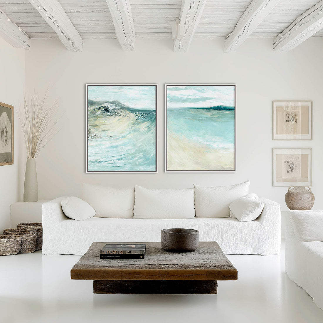 'Coastal Calm' - Fine art print set of 2 in soft blue and teal, peaceful Dorset beach art for living room.