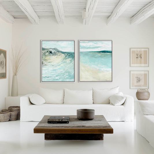 'Coastal Calm' - Fine art print set of 2 in soft blue and teal, peaceful Dorset beach art for living room.