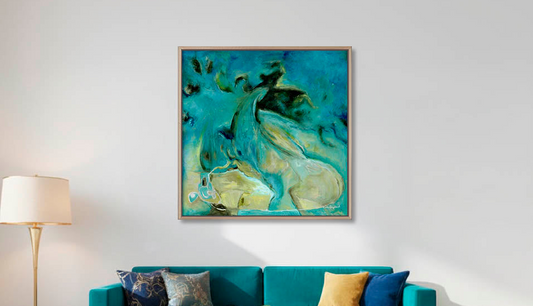 'Courage to Grow' - Square seascape abstract art canvas print in rich teal turquoise and warm cream tones, wall art in teal teal home decor.