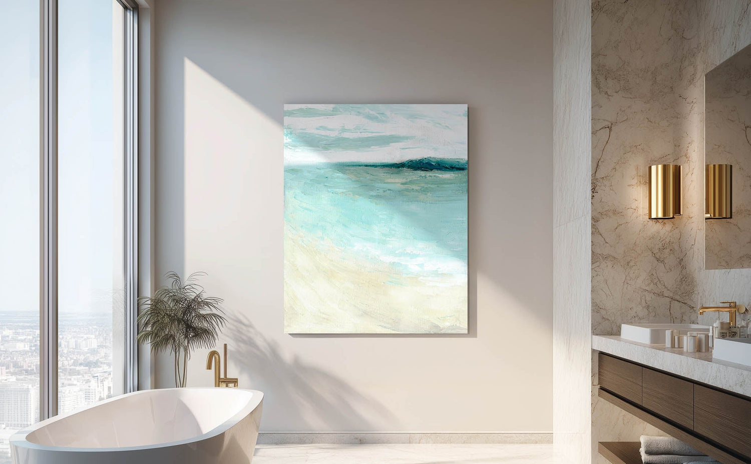 Bathroom art print ideas — framed abstract coastal print in soft muted blues and cream displayed in a beautiful bathroom, calming beautiful bathroom art print by Kate Shephard Art.