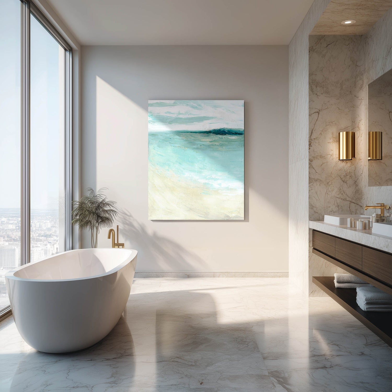 Bathroom art prints — framed abstract coastal print in soft muted blues and sandy cream displayed in a beautiful bathroom, calming serene bathroom art prints by Kate Shephard Art.