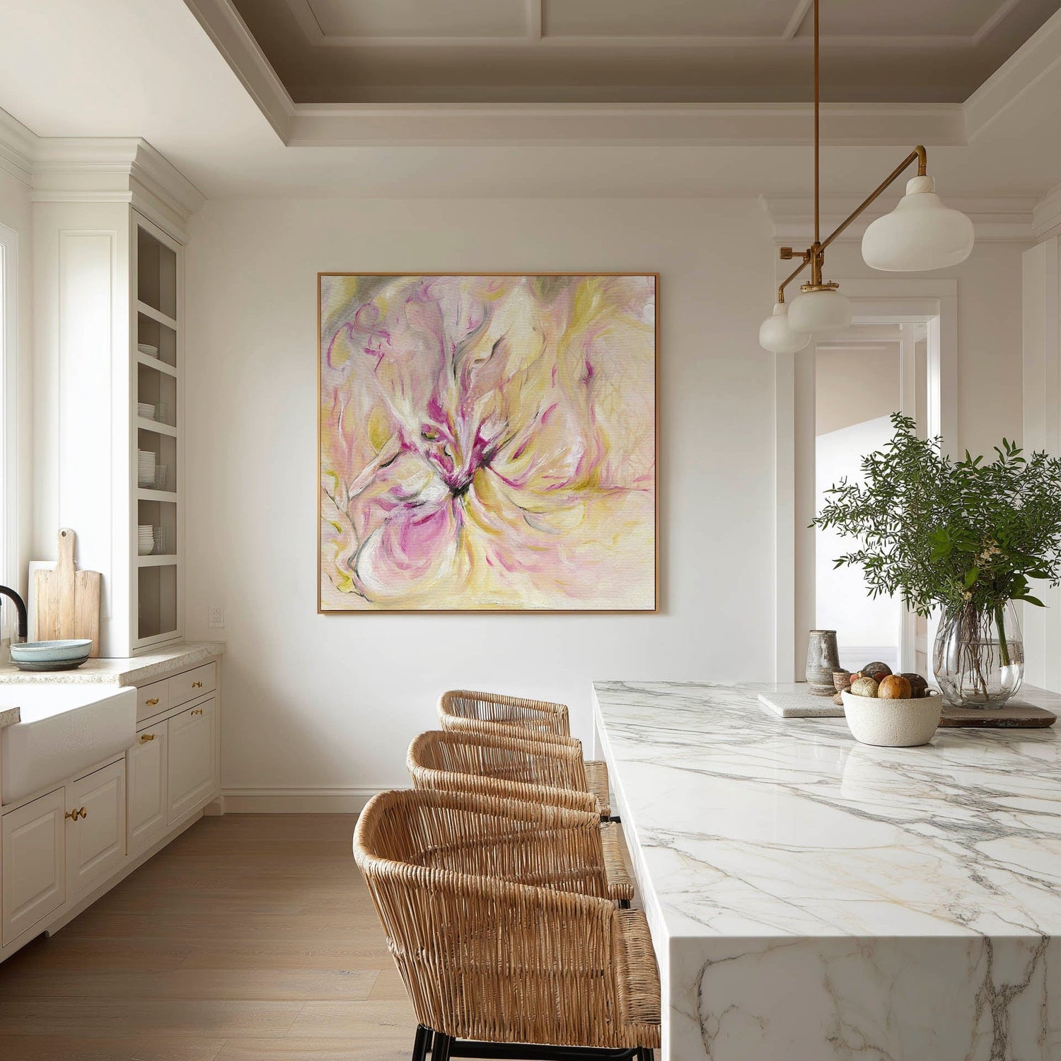 A collection of vibrant abstract kitchen wall prints — expressive oil canvas art in rich, joyful colour designed to bring warmth, personality & real soul to any kitchen wall or cooking space. By Kate Shephard Art.