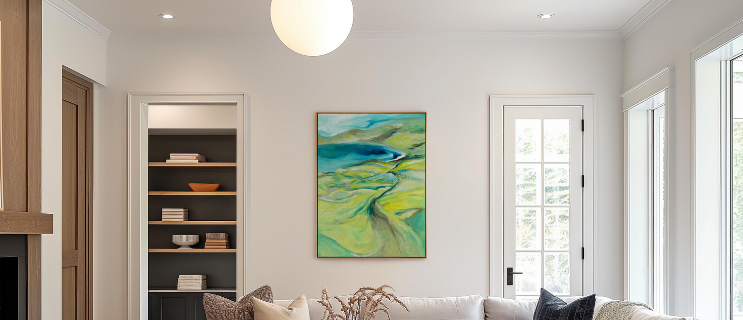 A collection of bold abstract canvas art for above couch wall decor — expressive oil paintings in rich, striking colour designed to anchor a living room & create a beautiful focal point above any couch. By Kate Shephard Art.