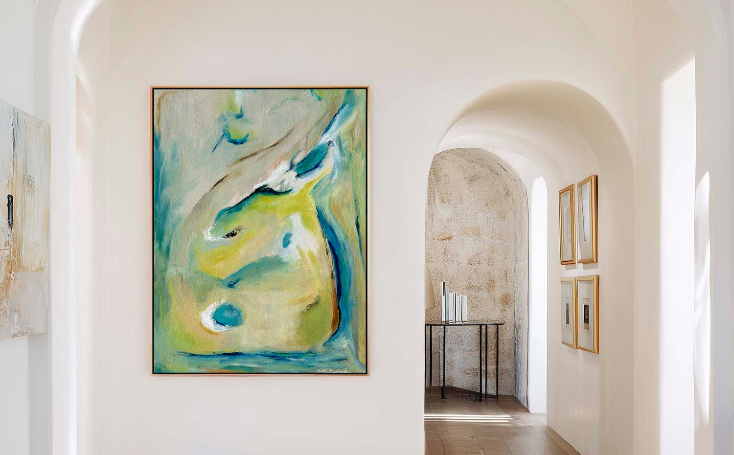 Wall art for hall, stairs and landing — framed abstract canvas print in rich teal and gold displayed along a lovely hall by Kate Shephard Art.