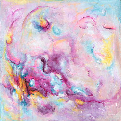 'Joy On Purpose' - Colourful abstract art fine art print with free brushwork in vivid pink and soft blue — modern wall art for home on archival paper, by Kate Shephard Art.