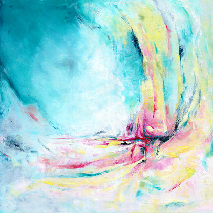 'Caribbean Blue' - Close-up of layered paint in vibrant teal and hot pink, colourful abstract art fine art paper print.