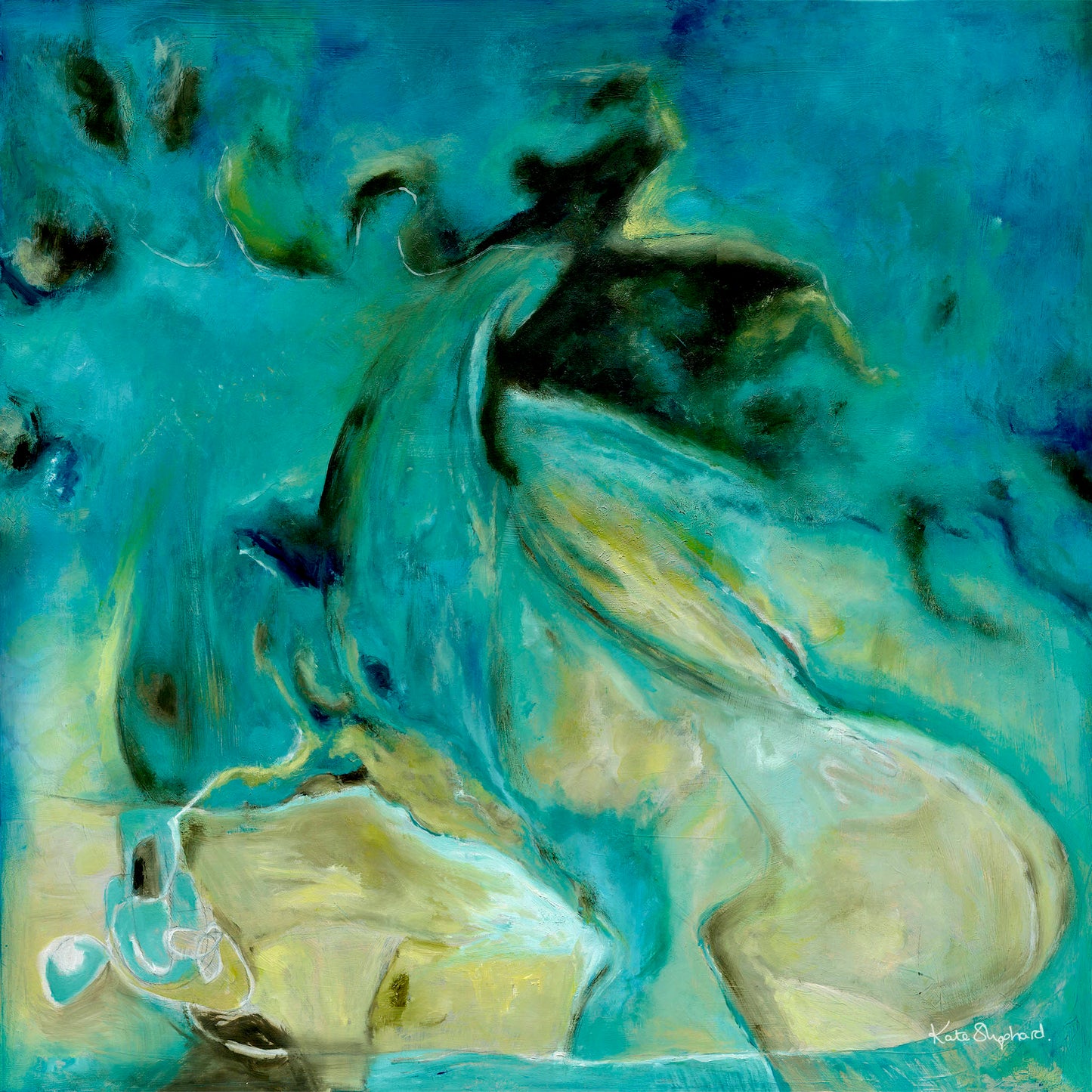 'Courage to Grow' - Abstract art blue fine art print inspired by crystal clear ocean water from above, rich teal and warm sandy cream tones.