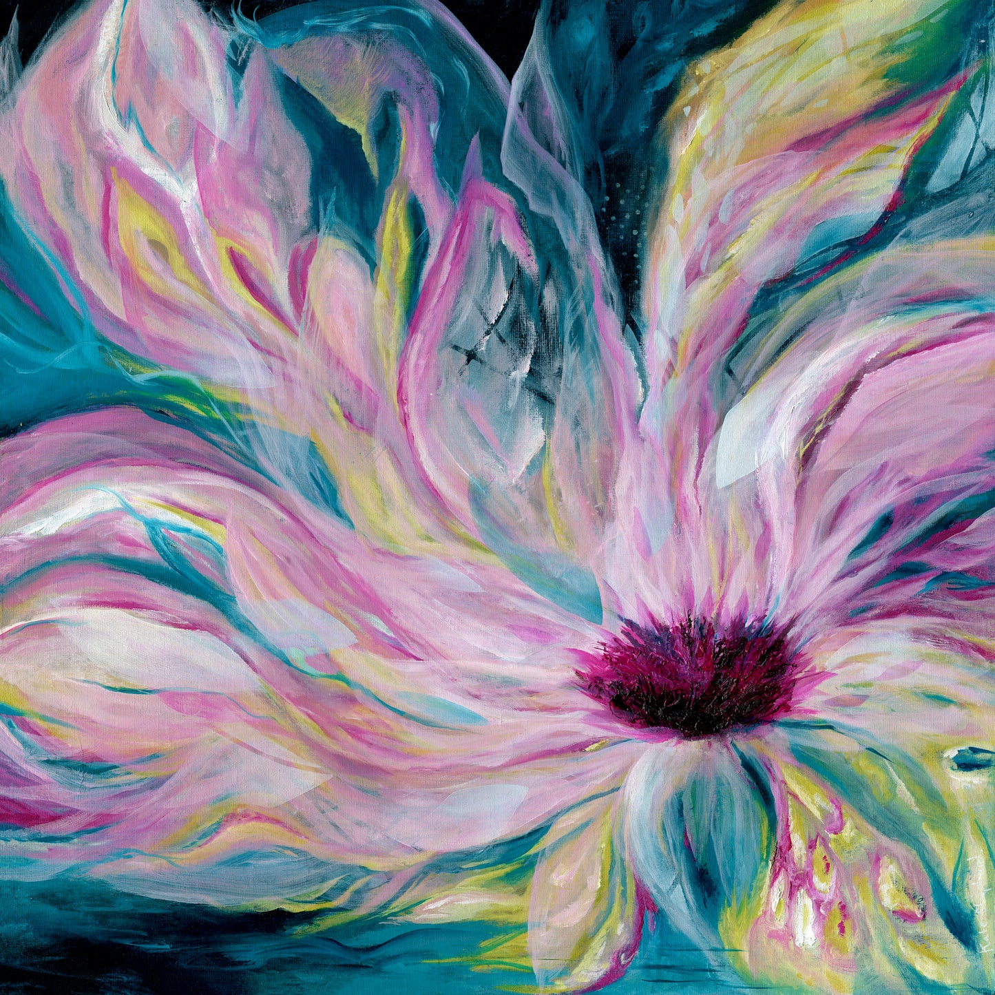 'Untamed' - abstract painting on paper with dark moody background and unapologetic pink bursts for bedroom art.