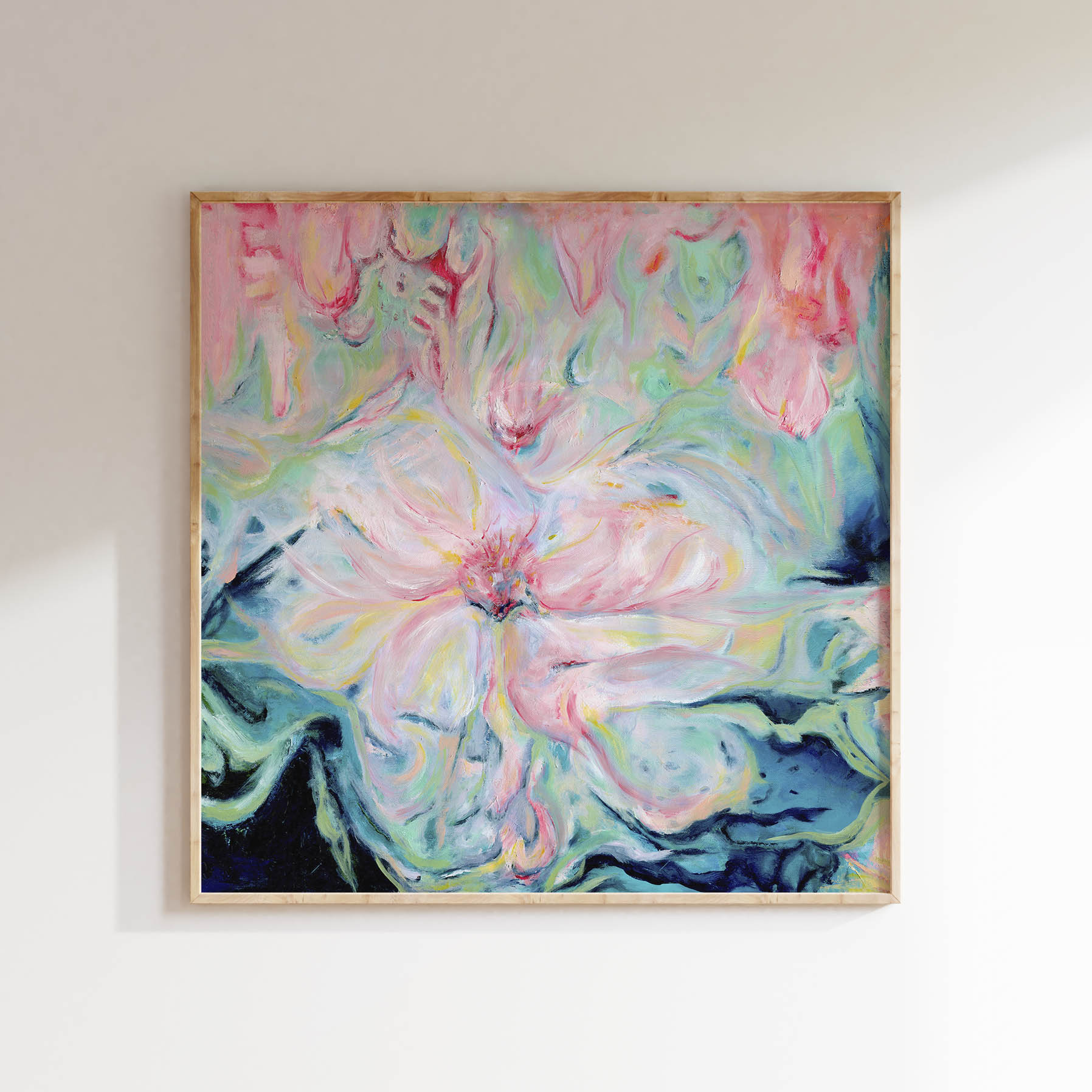 'Whispers of Spring' - A delicate abstract floral canvas print in soft pinks, tender greens and creamy white — gentle, luminous oil painting capturing the hope and tender beauty of new beginnings, by Kate Shephard Art.