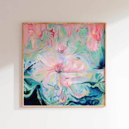 'Whispers of Spring' - A delicate abstract floral canvas print in soft pinks, tender greens and creamy white — gentle, luminous oil painting capturing the hope and tender beauty of new beginnings, by Kate Shephard Art.