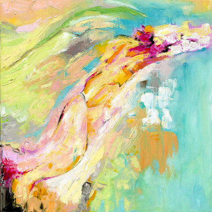 'Endless Summer' - A joyful abstract floral canvas print in warm pinks, coral, orange and minty turquoise — expressive oil painting full of golden summer warmth, freedom and pure happiness, by Kate Shephard Art.