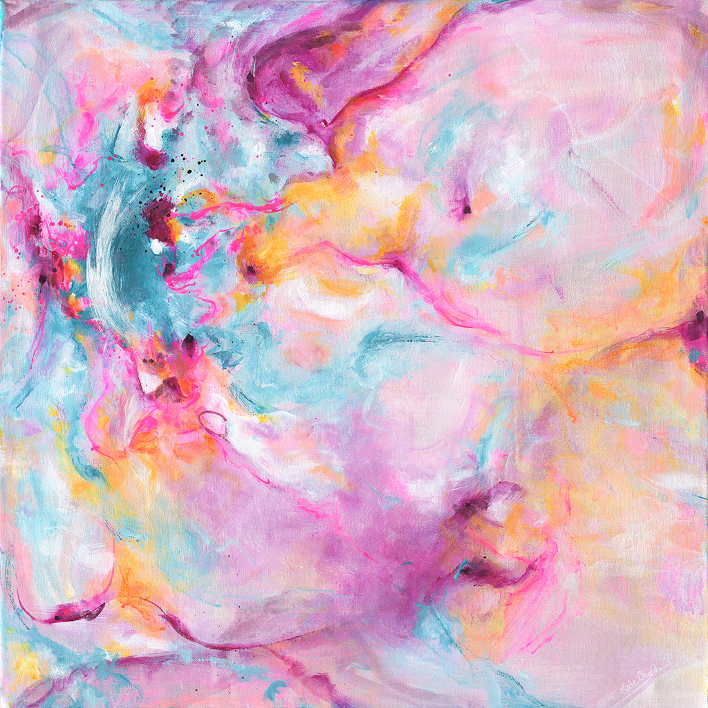 'Joy In The Little Things' - Colourful artwork with free energetic brushstrokes in vivid pink and luminous white — joyful expressive art print for soulful joyful interiors, by Kate Shephard Art.