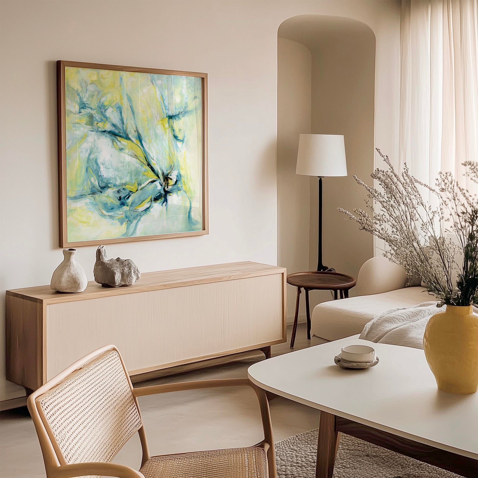 ‘Whispers of Midwinter’ – snow-inspired abstract print with icy blue and warm yellow glow.