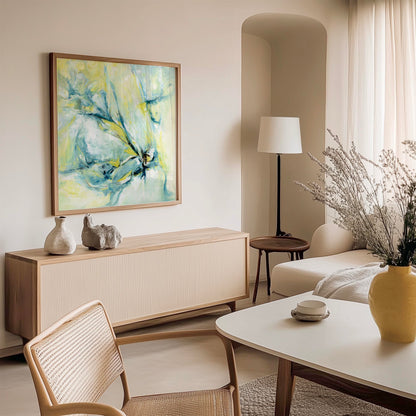 ‘Whispers of Midwinter’ – snow-inspired abstract print with icy blue and warm yellow glow.