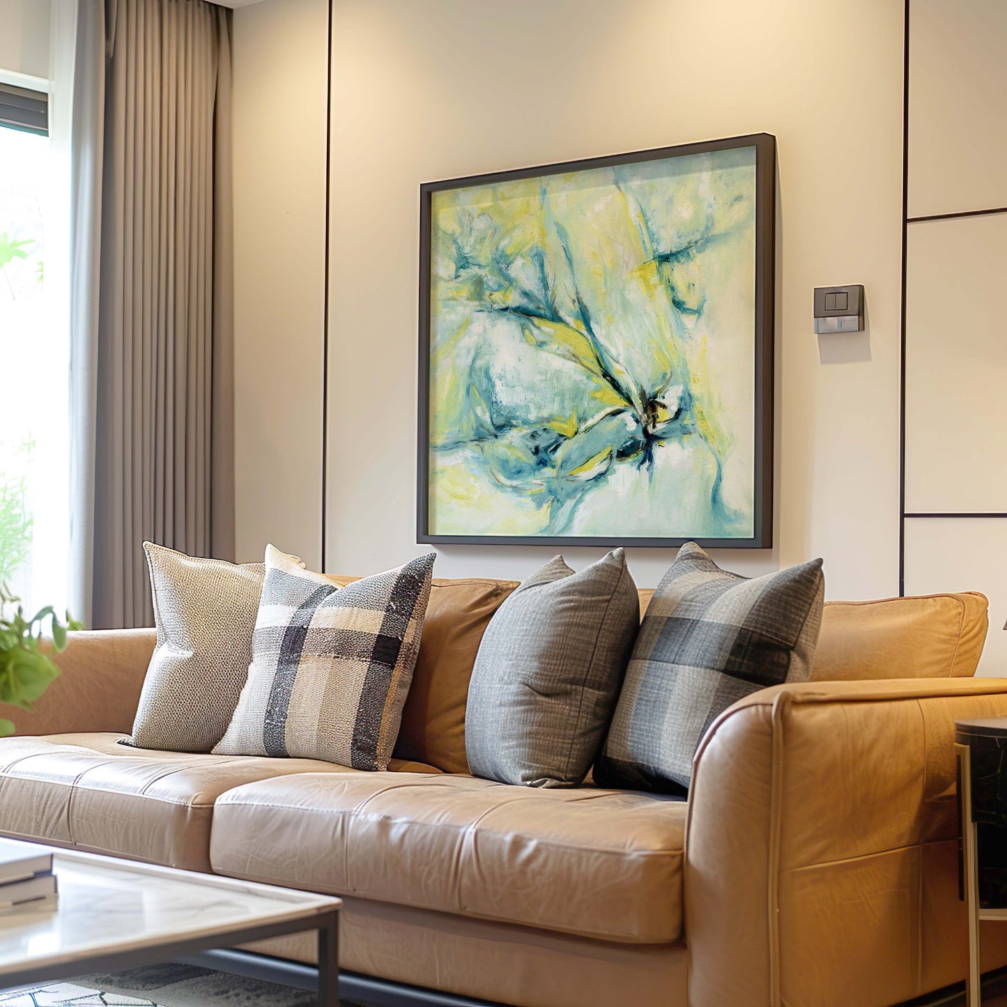 ‘Whispers of Midwinter’ – icy blue abstract art with hints of warm sunlight.