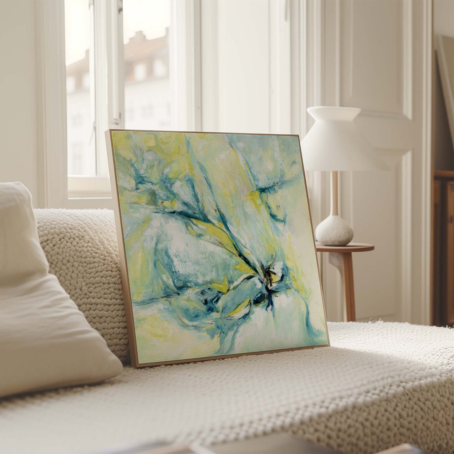 ‘Whispers of Midwinter’ – calming winter abstract with cool brushstrokes and warm accents.