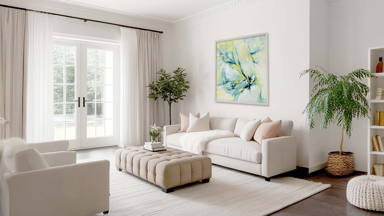 ‘Whispers of Midwinter’ – icy blue and yellow abstract art inspired by winter trees.