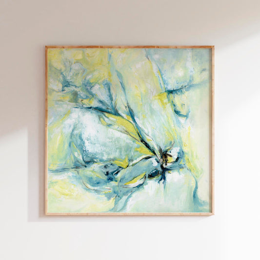 'Whispers of Midwinter' - A soft abstract winter landscape canvas print in icy blue, muted green and warm yellow — expressive oil painting capturing the quiet magic and contemplative beauty of winter, by Kate Shephard Art.
