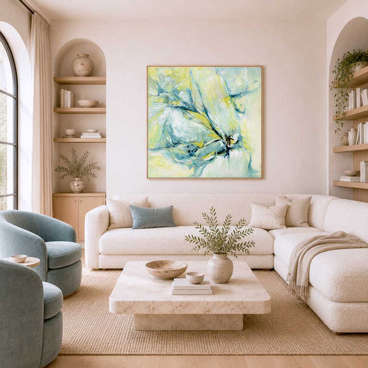 ‘Whispers of Midwinter’ – soft blue and yellow artwork with a wintery glow.