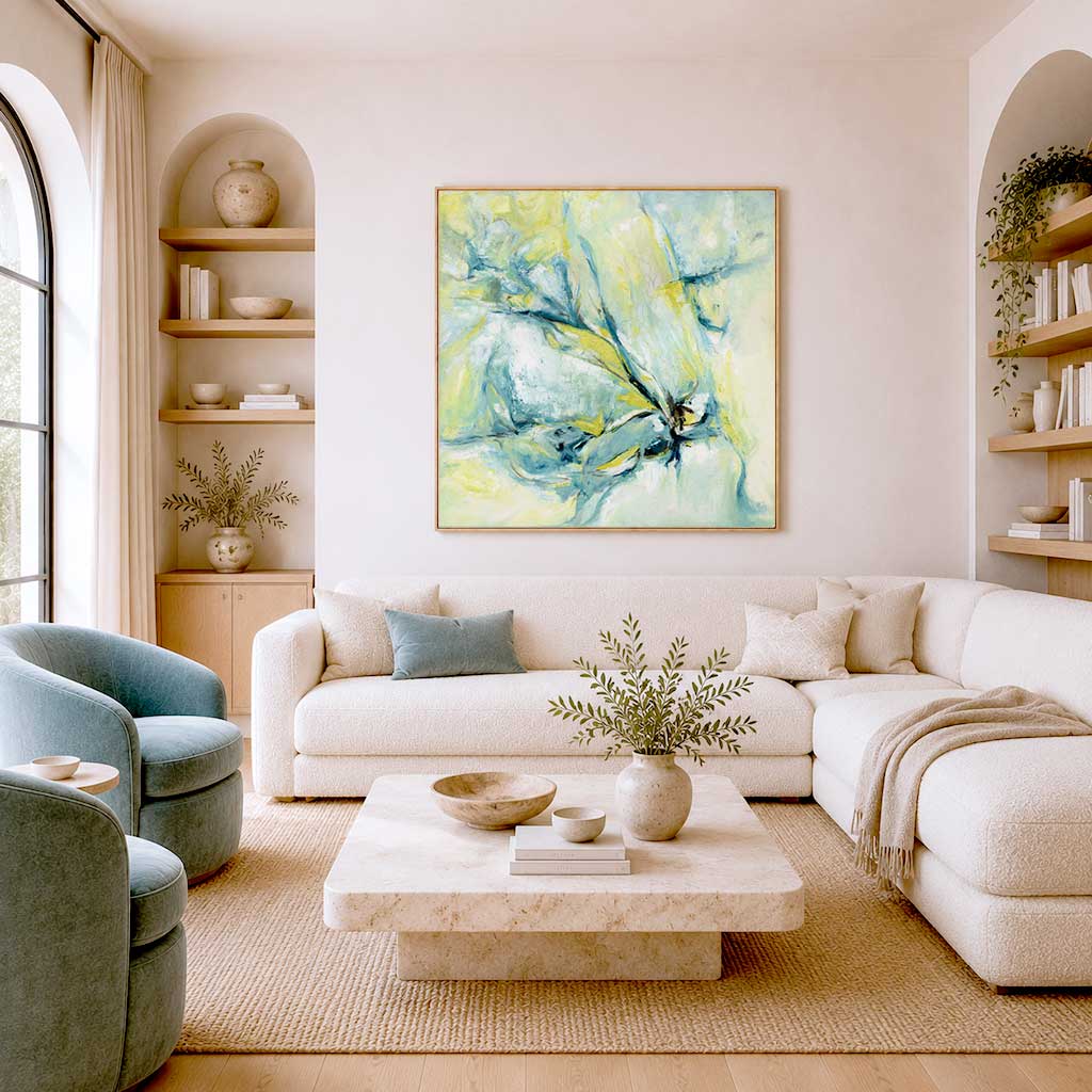 ‘Whispers of Midwinter’ – soft blue and yellow artwork with a wintery glow.