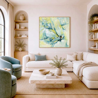 ‘Whispers of Midwinter’ – soft blue and yellow artwork with a wintery glow.